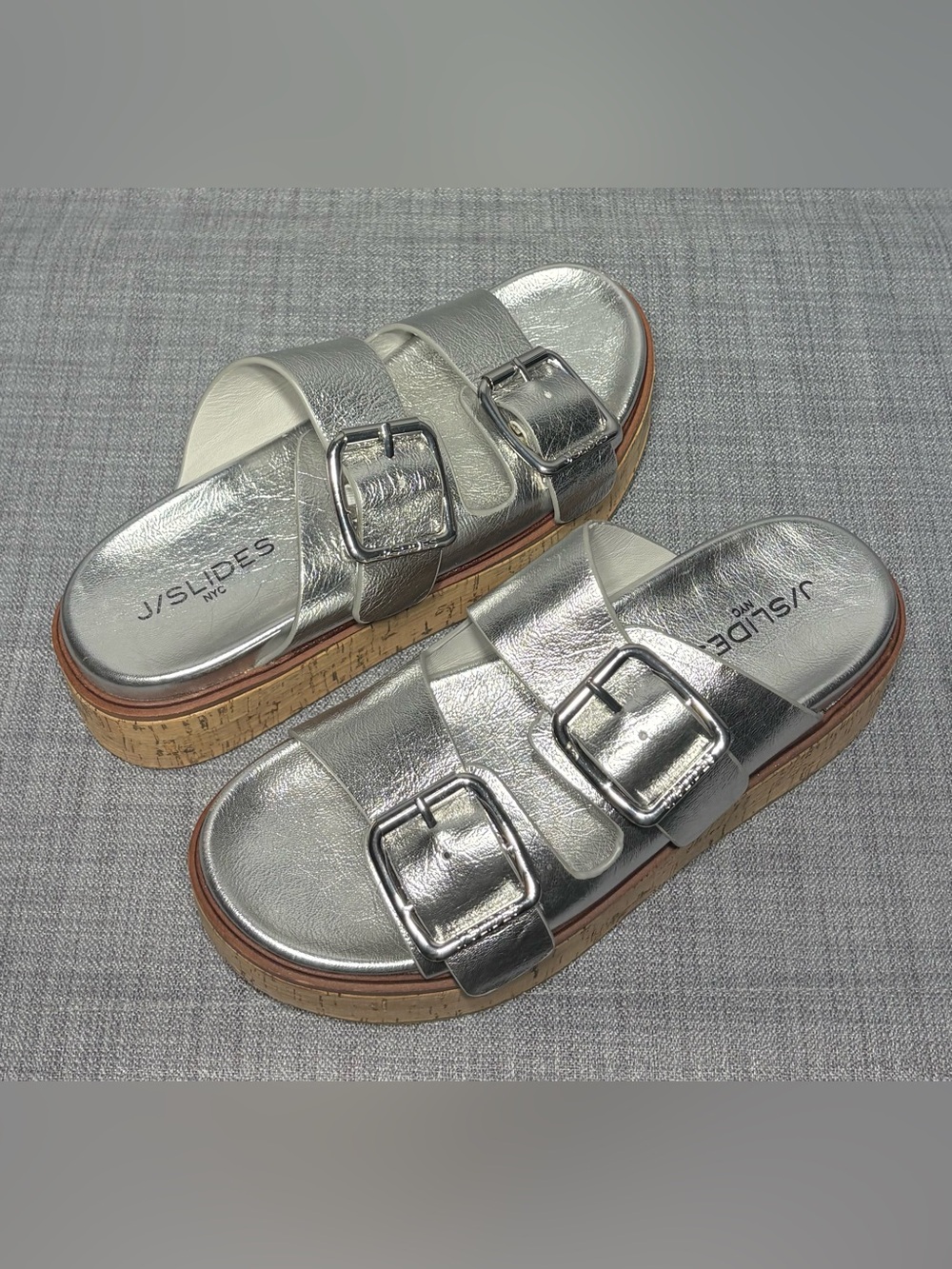J/Slides Belinda Platform Slide Sandals Silver Metallic Leather Size 7.5 - Picture 2 of 8